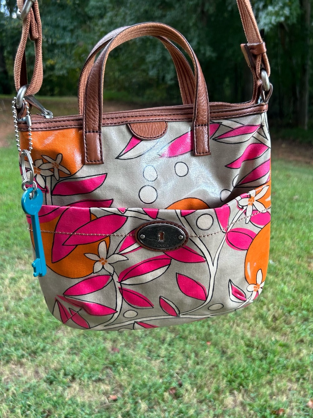 Fossil Key-Per Coated Canvas Orange Citrus Print Crossbody Satchel Bag